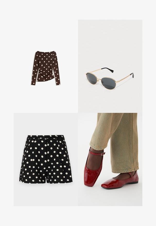 Hnedý dlhý rukáv s výstrihom do lodičky, ktorý má veľké biele bodky a zberaný detail v páse pre priliehavý vzhľad.; Čierne šortky s bielymi bodkami, s prešitím vpredu a bočnými vreckami. Vyrobené z ľahkej tkaniny.; Červené lakované kožené topánky so štvorcovou špičkou, nízkym podpätkom a remienkom okolo členku, v kombinácii so svetlozelenými širokými džínsmi. Hladká textúra, reflexný povrch.; Oválne slnečné okuliare s tmavými šošovkami, zlatým kovovým rámom a opletenými zlatými stranami. Čierne konce na ramenách zdôrazňujú dizajn.; Hnedá tkaná kožená taška cez rameno s dvoma uchami, štruktúrovaným tvarom a textúrovaným povrchom, s diamantom vzorom po celom povrchu.