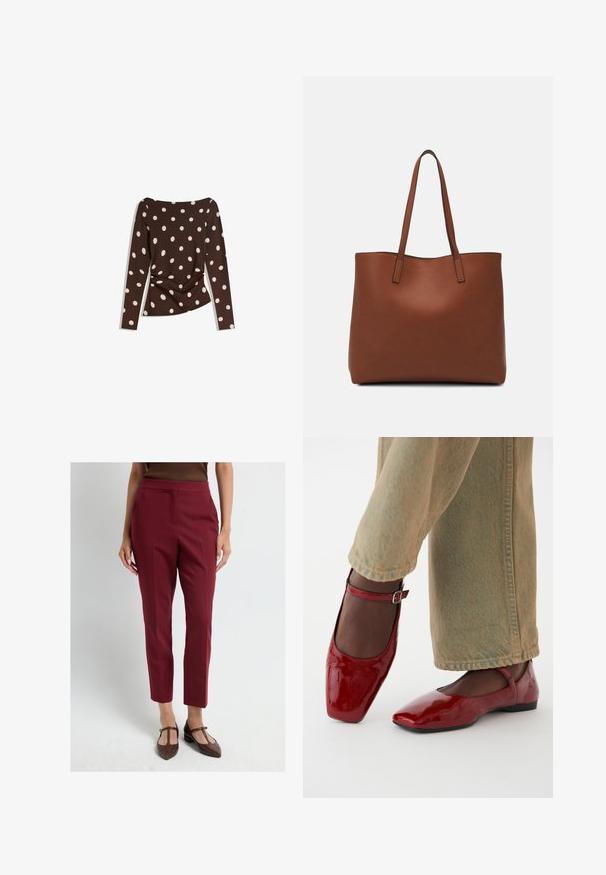 Ruskea pitkähihainen toppi, jossa on avara kaula-aukko, isoja valkoisia pisteitä ja kerätty yksityiskohta vyötäröllä, mikä luo istuvan ilmeen.; Burgundy räätälöidyt housut suoran leikkauksen omaavina, joissa on sileä, teksturoitu kangas ja etu taitteen yksityiskohta. Yhdistetty ruskeisiin jalkineisiin.; Punaiset lakatut nahkakengät, joissa on neliömäinen kärki, matala korko ja nilkkahihna, yhdistettynä vaaleanvihreisiin leveisiin farkkuihin. Sujuva rakenne, heijastava pinta.; Ruskea nahkainen olkalaukku, jossa on sileä pinta, avoin yläosa ja kaksi olkahihnaa. Omaavat vain minimaalisen ompelun eikä näkyvää metalliosaa.