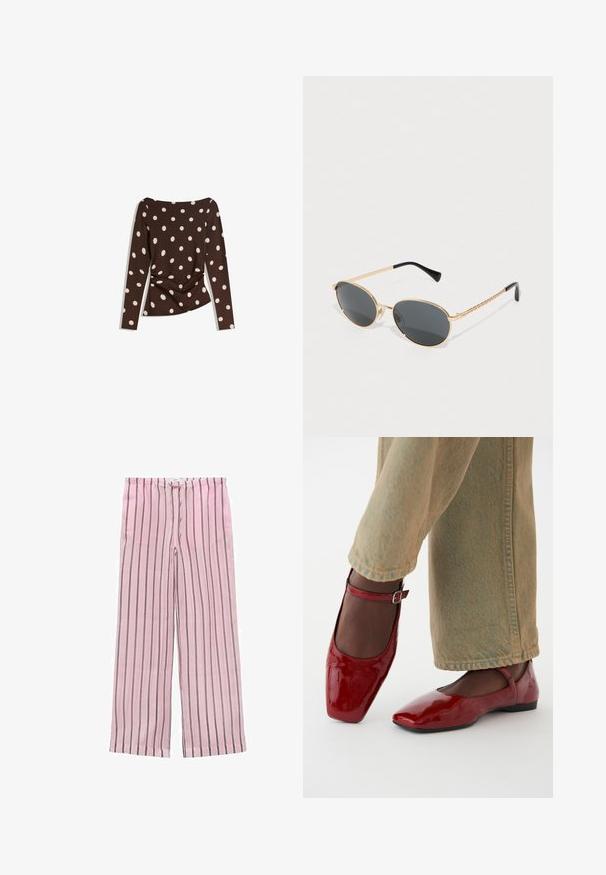 Bruine top met lange mouwen en een ronde halslijn, voorzien van grote witte stippen en een gesmokt detail bij de taille voor een aangesloten look.; Roze gestreepte wijde broek met zwarte en grijze verticale strepen. Gemaakt van een lichte stof, met een elastische tailleband voor comfort.; Rode lakleren schoenen met een vierkante neus, lage hak en enkelbandje, gecombineerd met lichtgroene wijde jeans. Glad textuur, reflecterend oppervlak.; Ovale zonnebril met donkere lenzen, gouden metalen frame en gevlochten gouden zijkanten. Zwarte uiteinden op de armen versterken het ontwerp.; Bruine gevlochten leren tote bag met twee handvatten, een gestructureerde vorm en een getextureerd oppervlak, met een diamantpatroon overal.