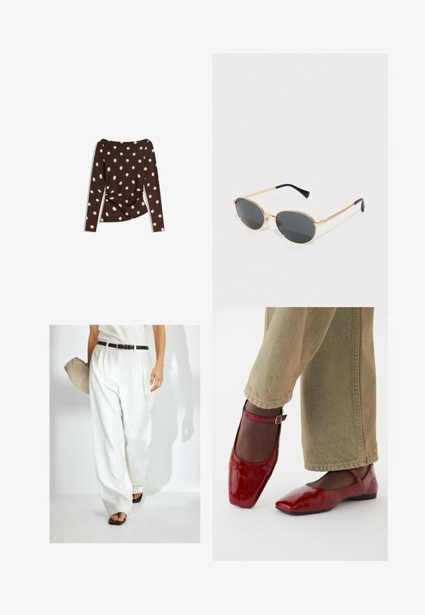 Brązowa bluzka z długimi rękawami i okrągłym dekoltem, zdobiona dużymi białymi kropeczkami i marszczeniem w talii, co nadaje dopasowany wygląd.; Białe, plisowane szerokie spodnie uszyte z gładkiej tkaniny, zestawione z czarnym paskiem. Osoba trzyma beżową torbę i nosi płaskie czarne sandały.; Czerwone lakierowane buty z kwadratowym noskiem, niskim obcasem i paskiem na kostkę, w zestawieniu z jasnorozowymi dżinsami o szerokich nogawkach. Gładka tekstura, refleksyjna powierzchnia.; Owalne okulary przeciwsłoneczne z ciemnymi soczewkami, złotą metalową ramą i plecionymi złotymi bokami. Czarne końcówki na zausznikach podkreślają design.; Brązowa pleciona torba na ramię ze skórzanym wykończeniem, z dwoma uchwytami, o usztywnionym kształcie i teksturowanej powierzchni, z charakterystycznym wzorem w diamenty.