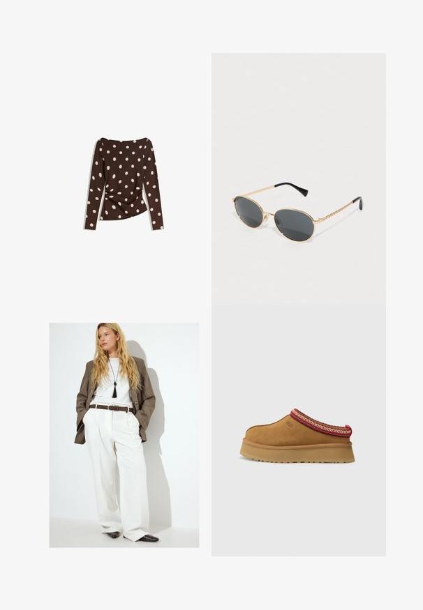 Brown long-sleeve top with a scoop neckline, featuring large white polka dots and gathered detail at the waist for a fitted look.; White pleated trousers paired with a gray blazer over a white T-shirt, accented by a brown belt and black pointed shoes.; Brown suede slip-on shoe with red and cream patterned trim, textured sole, and UGG logo on side. Features a slight platform height.; Oval sunglasses with dark lenses, gold metal frame, and braided gold sides. Black tips on the arms enhance design.; Woven beige tote bag with a slouchy design and a single shoulder strap. Features a textured pattern throughout the surface.