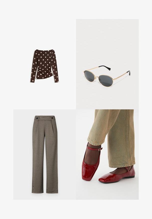 Brown long-sleeve top with a scoop neckline, featuring large white polka dots and gathered detail at the waist for a fitted look.; Brown check-patterned trousers with a high waist, featuring side pleats and black button accents. Made from a textured woven fabric.; Red patent leather shoes with a square toe, low heel, and ankle strap, paired with light green wide-leg jeans. Smooth texture, reflective surface.; Oval sunglasses with dark lenses, gold metal frame, and braided gold sides. Black tips on the arms enhance design.; Brown woven leather tote bag with two handles, a structured shape, and a textured surface, featuring a diamond pattern throughout.