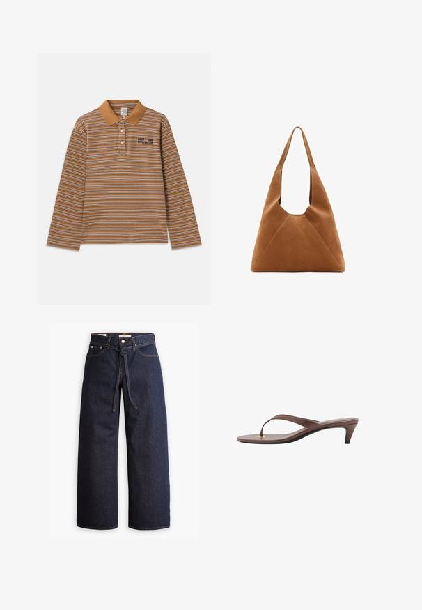 Brun langærmet polo-shirt med vandrette striber i hvid og lilla, en krave-hals og et broderet logo på brystet.; Bredde ben mørkeblå denim jeans med høj talje, der har snoretræk, fem lommer og kontrastsyet detaljer.; Brune hælflip-flop sandal med en slank rem og rund tåpost, der har et lille guldaccent på fodsengen.; Brun ruskinds hobo taske med en slouchy form, der har et buet top håndtag og trekantede paneldetaljer på forsiden og bagsiden.