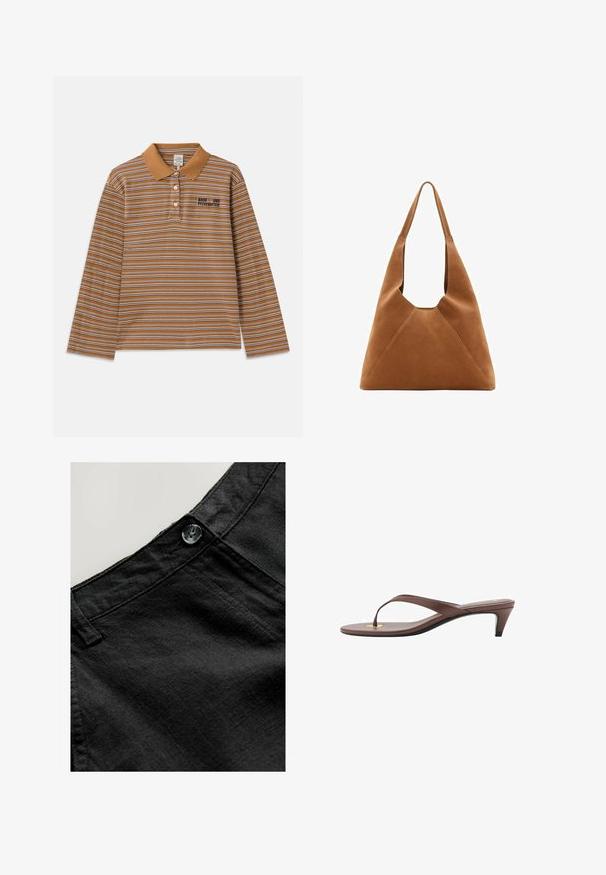 Bruine langlopende polo met lange mouwen, voorzien van horizontale strepen in wit en paars, een kraag en een geborduurd logo op de borst.; Zwarte linnen broek met een gladde textuur, voorzien van een ronde knoop en gestikte details bij de tailleband en zakken.; Bruine hakken flip-flop sandaal met een slanke band en ronde teenpost, met een kleine gouden accent op de voetbed.; Bruine suède hobo tas met een slouchy vorm, voorzien van een gebogen handvat en driehoekige paneeldetails aan de voor- en achterkant.