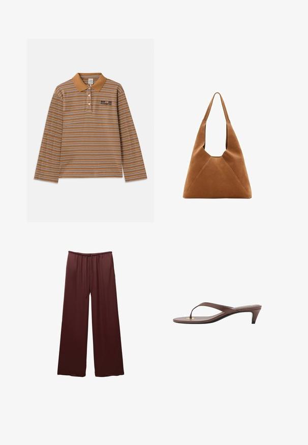 Hnedé polo tričko s dlhým rukávom so horizontálnymi pruhmi v bielej a fialovej farbe, s golierom a vyšitým logom na hrudi.; Burgundské široké nohavice z hladkého materiálu, s elastickým pásom a sťahovacou šnúrkou, navrhnuté na pohodlie a ľahké nosenie.; Hnedá platformová žabková sandála s úzkym remienkom a zaobleným prstom, s malým zlatým akcentom na podrážke.; Hnedá semišová hobo taška so splývavým tvarom, vybavená zakrivenou hornou rukoväťou a trojúhelníkovými panelmi na prednej a zadnej strane.