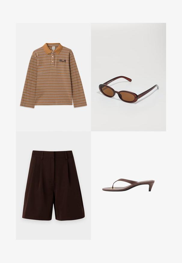 Brązowa koszula polo z długim rękawem, zdobiona poziomymi paskami w kolorze białym i fioletowym, z kołnierzykiem oraz haftowanym logo na piersi.; Brązowe szorty o dopasowanym kroju z plisami, wykonane z gładkiego materiału. Wykończone elastycznym paskiem w talii, bez widocznych kieszeni.; Brązowe sandały na obcasie w stylu klapek z wąskim paskiem i zaokrąglonym palcem, z małym złotym akcentem na wkładce.; Okrągłe, brązowe okulary przeciwsłoneczne z błyszczącą bordową oprawą. Cienkie ramiona z subtelnym detalem marki. Płaski kształt soczewek.; Brązowa zamszowa torba hobo o luźnym kształcie, z zakrzywioną rączką u góry oraz trójkątnymi detalami na przodzie i tyle.