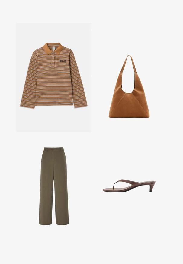 Rjava polo majica z dolgimi rokavi, ki prikazuje vodoravne črte v beli in vijolični barvi, z ovratnikom in izvezenim logotipom na prsih.; Široke hlače iz olivno zelene tkanine, z gumbnim zapiranjem in gladko teksturo. Oblikovan dizajn z minimalistično estetiko.; Rjava natikača na peto s tankim trakom in zaobljenim prstom, ki ima majhen zlat poudarek na podplatu.; Rjava nubuck torba hobo z mehkim oblikom, ki ima ukrivljen zgornji ročaj in trikotne panelne detajle spredaj in zadaj.