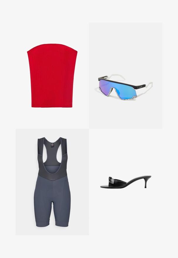 Crvena korzet majica bez naramenica izrađena od rebrastog materijala. Ima strukturirani oblik s ravnim rubovima. Glatka tekstura, bez vidljivih uzoraka.; Sive jastučići za biciklističke gaće s mrežnim naramenicama, zaobljenim dekolteom i udobnim manžetama na nogama. Napravljene od rastezljive, prozračne tkanine.; Crne kožne cipele na pete bez kopčanja s naglaskom na mašnu, otvorenim prstima i tankom visokom štiklom. Glatka tekstura i minimalistički dizajn.; Sportske sunčane naočale s crnim okvirima, bijelim detaljima i plavim zalaznim ogledalnim staklima. Stručne bijele i crne uzorke na drškama.