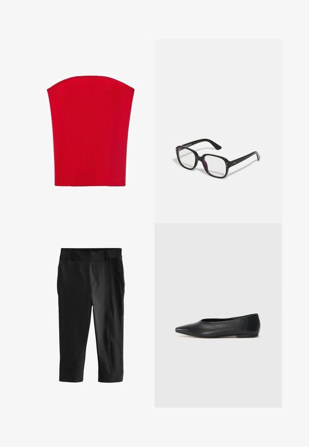 Corselet sans bretelles rouge en matériau côtelé. Présente une forme structurée avec des bords droits. Texture lisse, sans motifs visibles.; Pantalons noirs courts avec une texture lisse. Dotés d'une taille plate à l'avant et sans poches visibles, conçus pour un ajustement sur mesure.; Ballerines noires en cuir, à bout pointu, design minimaliste, texture lisse, talon bas, sans matériel ni embellissements visibles.; Lunettes noires rectangulaires avec des verres transparents, présentant des bords arrondis et des accents sur les côtés, avec une finition brillante sur la monture et les branches.