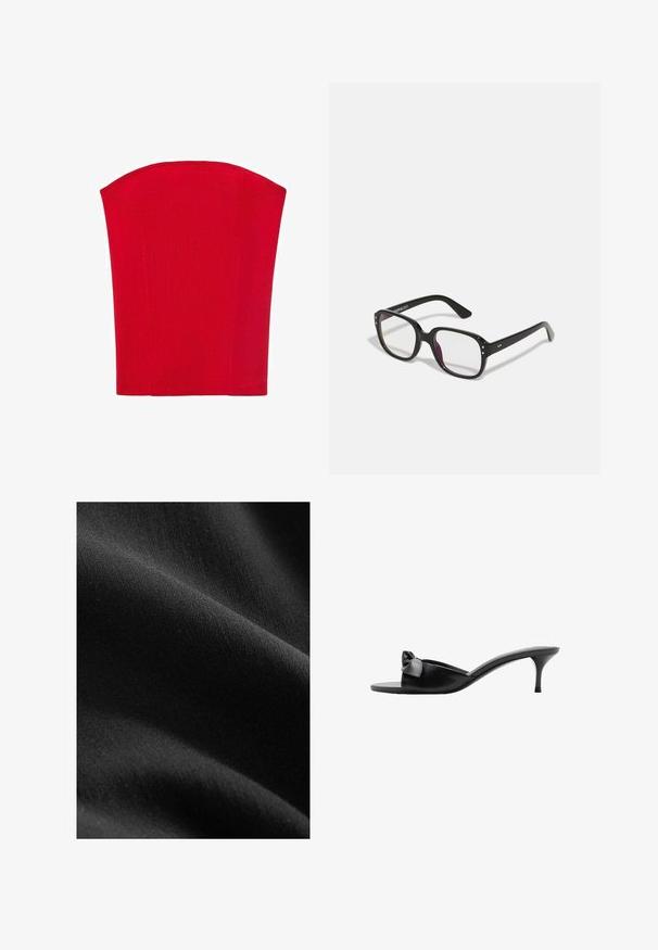 Rotes, trägerloses Korsett-Oberteil aus geripptem Material. Verfügt über eine strukturierte Form mit geraden Kanten. Glatte Textur, keine sichtbaren Muster.; Schwarzer Stoff mit einer glatten, matten Textur, der subtile Farb- und Faservariationen zeigt und drapiert ist, um weiche Kurven und Tiefe zu enthüllen.; Schwarze Leder-Pantoletten ohne Ferse mit einer Schleifenakzentuierung, offener Zehenpartie und einem schlanken, hohen Absatz. Glatte Textur und minimalistisches Design.; Schwarze rechteckige Brille mit klaren Gläsern, abgerundeten Kanten und seitlichen Akzenten, mit glänzender Oberfläche des Rahmens und der Bügel.