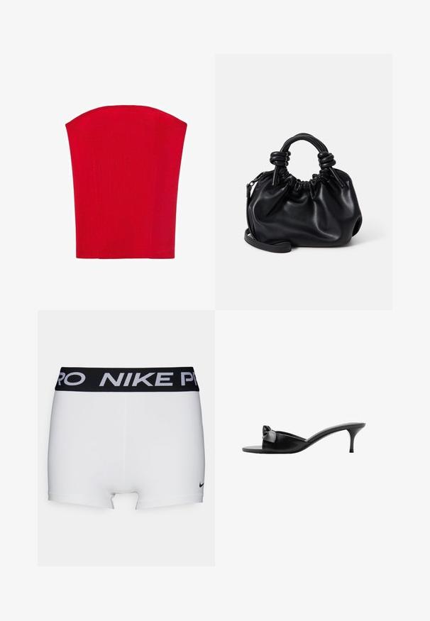 Top corpetto senza spalline di colore rosso, realizzato in materiale a coste. Presenta una forma strutturata con bordi dritti. Texture liscia, senza motivi visibili.; Shorts da ginnastica bianchi con una vita nera Nike Pro. Presentano una superficie liscia e un piccolo logo Nike nero vicino all'orlo.; Mule aperti neri in pelle liscia con un accento a fiocco, punta aperta e tacco alto sottile. Texture liscia e design minimalista.; Borsa a tracolla in pelle nera con un design arricciato, manici corti e arrotondati, e una tracolla rimovibile. Texture liscia con una silhouette morbida.