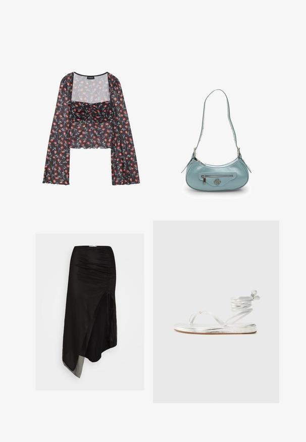 Bloemen nettop met lange, uitlopende mouwen. Zwarte basis met een rood en blauw bloemenpatroon, voorzien van een gerimpelde lijfje en golvende zoom.; Zwarte asymmetrische rok van lichtgewicht doorzichtig stof, met geplooide details aan de zijkant en een hoge split voor extra bewegingsvrijheid.; Zilveren metallic sandalen met een teenstuk ontwerp, een enkelband en een platte zool met een geprofileerde afwerking.; Lichtblauwe leren schoudertas met een gebogen vorm, een ritsvak aan de voorkant, hardware in zilvertint en een verstelbare band met decoratieve accenten.