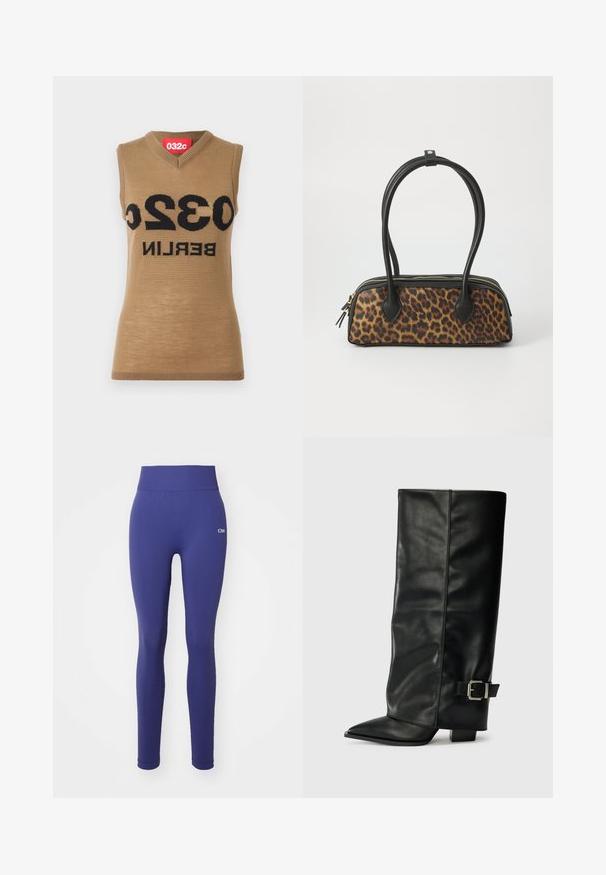 Beżowy bezrękawnik z dzianiny, z dekoltem w kształcie litery V i wyraźnym czarnym napisem "032C BERLIN". Prążkowane krawędzie dodają tekstury.; Granatowe legginsy wykonane z elastycznego materiału, z szerokim pasem w talii, gładką fakturą i subtelnym logo na biodrze.; Czarne skórzane botki do kostek z ostrym noskiem, gładką fakturą i srebrnym zapięciem z boku. Gruby kwadratowy obcas.; Torebka w leopardzi wzór z czarnym podstawą z ekoskóry, podwójnymi uchwytami u góry, złotym zamkiem błyskawicznym i akcentowanymi czarnymi klapami z ekoskóry. Prostokątny kształt.