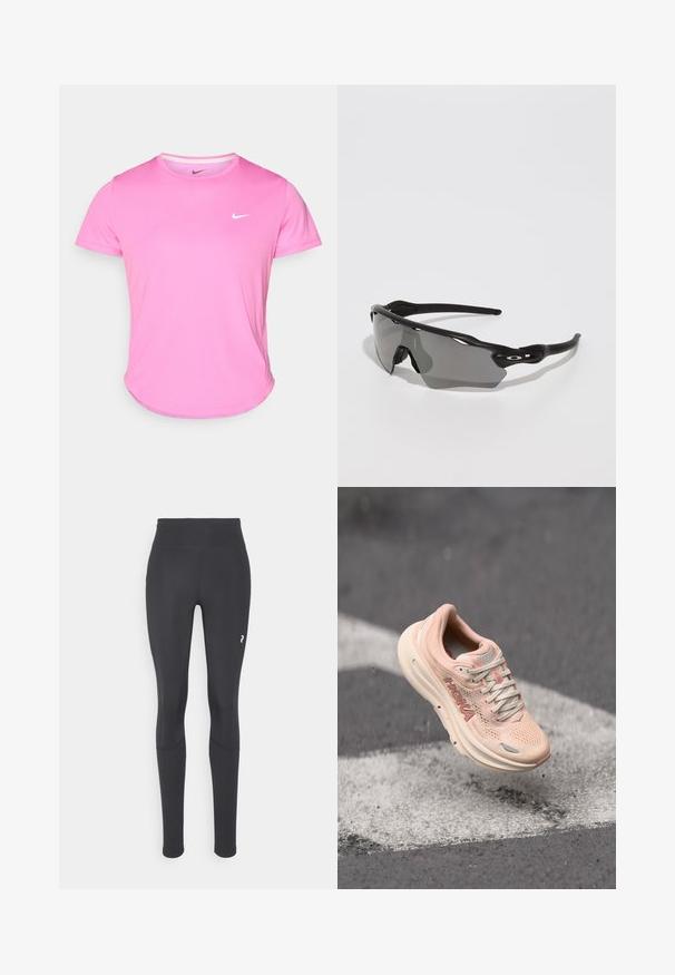 Camiseta Nike rosa con cuello redondo, mangas cortas y un logo blanco en el lado izquierdo del pecho, hecha de una tela suave y liviana.; Leggings negros con cintura alta, fabricados con un tejido elástico. Incluyen un pequeño logo blanco en la parte inferior derecha y costuras para dar estructura.; Zapatilla de correr de color rosa claro con parte superior de malla, cuello acolchado y suela gruesa de color crema. La marca es visible en el lateral.; Gafas de sol deportivas negras con un diseño elegante, lentes envolventes, lente tintada en gris y patillas texturizadas en negro. Sin logotipos visibles.