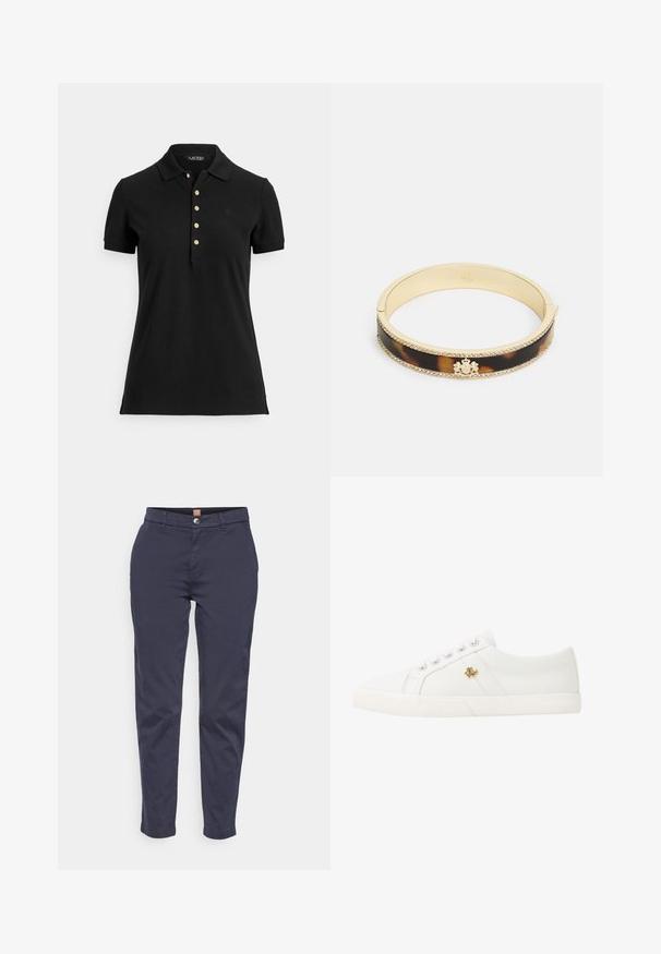 Black polo shirt made of textured fabric, featuring a collar, short sleeves, and a placket with gold buttons. Subtle logo detail on the chest.; Navy blue, tailored cotton chinos with a button closure, belt loops, and side pockets; straight legs with a slightly tapered hem.; Lauren Ralph Lauren JANSON II CANVAS SNEAKER - Trainers - optic white; Lauren Ralph Lauren CREST BANGLE - Bracelet - gold-coloured/tort