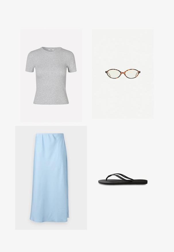 Siva majica s kratkimi rokavi z rebrasto teksturo, okroglo ovratnikom in oprijetim krojem, ki ima diskretno oznako blagovne znamke.; Svetlo modra, krila do kolen, izdelana iz gladkega materiala. Ima stranski razporek za enostavno gibanje in preprost, elastičen pas.; Črne natikače z teksturirano gumijasto podlogo, dvema ozkima trakoma in subtilnim, vtisnjenim logom na traku.; Kornjačaste očala z ovalnimi lečami in gladko, sijočo površino. Imajo tanke stranice z rahlim ovinkom na templjih. Prosojne leče.; Bela svilena marama z varljivim črnim geometrijskim vzorcem, obrobljena s črnim robom. Lahka in z gladko teksturo.