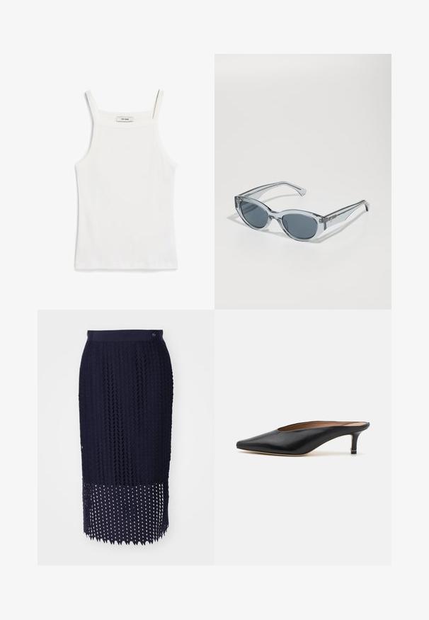 Witte tanktop met dunne banden, gemaakt van ribkatoenen stof, met een rechte halslijn en een nette afwerking aan de zoom.; Marineblauwe gebreide kokerrok met een gestructureerd patroon, geribbelde tailleband en een zoom met driehoekige uitsparingen.; Zwarte leren muiltjes met een puntige neus en een lage, blokhak. Glad oppervlak met een gestroomlijnd ontwerp. Open achterkant met minimale details.; Heldere, lichte zonnebril met ovale glazen, grijsgetinte glazen en slanke veren met een metalen detail op de slapen.; Zwarte leren handtas met een geplooid ontwerp aan de bovenkant, voorzien van twee korte handvatten en een lange verstelbare schouderband. Gladde textuur, ronde vorm.