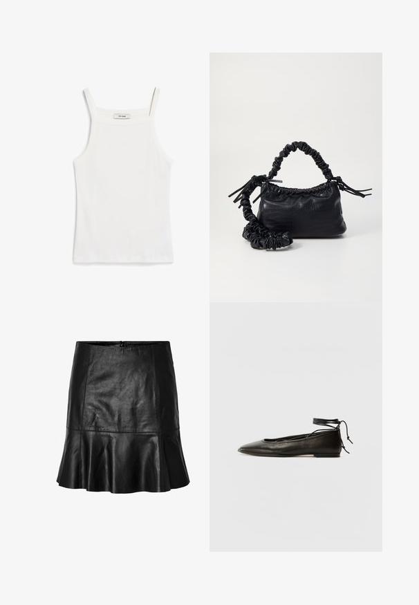 Balta tankų palaidinė su plonomis petnešėlėmis, pagaminta iš dryžuoto medvilnės audinio, su tiesiu iškirpimu ir tvarkingu apdailu prie apačios.; Juodas odinis mini sijonas su išsiplėtusiu apvadu ir matomomis siūlėmis, kuriame yra nugarinė užtrauktuko uždarymo sistema.; Juodi odiniai balerinų bateliai su smailiu pirštu, kulkšnies raiščiu ir plokščiu padu, pasižymintys lygiu paviršiumi ir minimalizmo dizainu.; Juodas dirbtinės odos rankinė su krokodilo tekstūra, sušnibždinta viršuje ir susikraipytu dirželiu. Atrodo minkšta ir kompaktiška.
