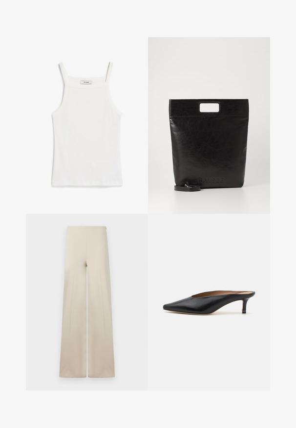 Witte tanktop met dunne banden, gemaakt van ribkatoenen stof, met een rechte halslijn en een nette afwerking aan de zoom.; Beige wijde broek van zacht materiaal met een gladde textuur. Voorzien van een hoge elastische tailleband voor comfort en een schoon, minimalistisch ontwerp.; Zwarte leren muiltjes met een puntige neus en een lage, blokhak. Glad oppervlak met een gestroomlijnd ontwerp. Open achterkant met minimale details.; Zwarte leren draagtas met een vierkant handvat, met een gestructureerde afwerking en een reliëflogo. Inclusief een afneembare schouderband.