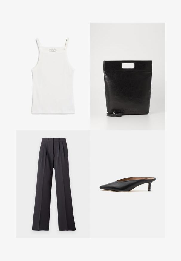 White tank top with thin straps, made of ribbed cotton fabric, featuring a straight neckline and a clean finish at the hem.; Wide-leg trousers in dark grey fabric. Features pleats at the waist, a fitted waistband, and a smooth texture. No visible patterns or hardware.; Black leather mules with a pointed toe and low, block heel. Smooth texture with a sleek design. Open back with minimal detailing.; Black leather tote bag with a square handle, featuring a textured finish and embossed logo. Includes a detachable strap.