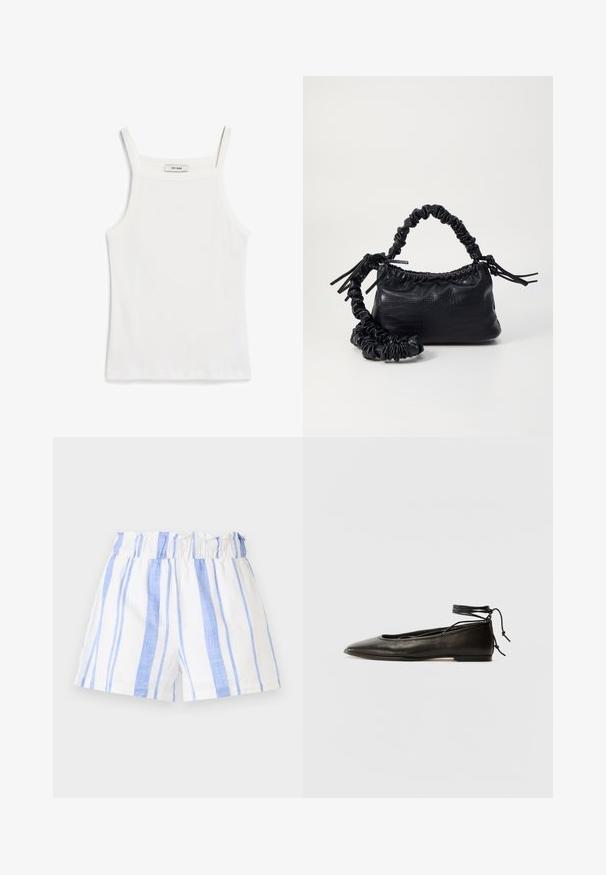 Balta tankų palaidinė su plonomis petnešėlėmis, pagaminta iš dryžuoto medvilnės audinio, su tiesiu iškirpimu ir tvarkingu apdailu prie apačios.; Balti šortai su mėlynomis vertikaliomis juostelėmis, turintys susiraukšlėjusią elastinę juostą ir lengvą, tekstūruotą audinį.; Juodi odiniai balerinų bateliai su smailiu pirštu, kulkšnies raiščiu ir plokščiu padu, pasižymintys lygiu paviršiumi ir minimalizmo dizainu.; Juodas dirbtinės odos rankinė su krokodilo tekstūra, sušnibždinta viršuje ir susikraipytu dirželiu. Atrodo minkšta ir kompaktiška.