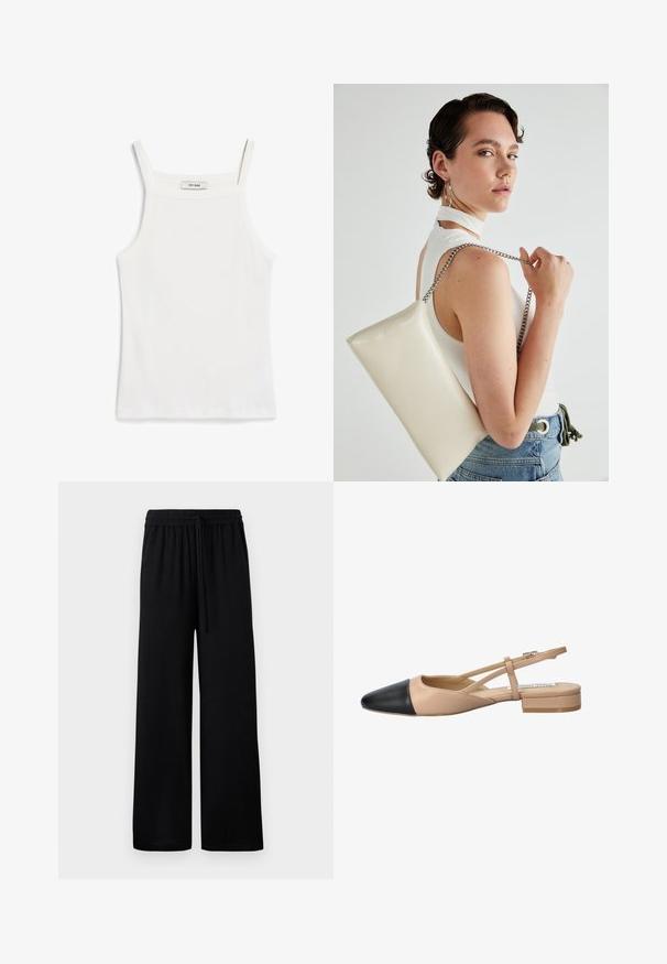 Bílý tílko s tenkými ramínky, vyrobené z jemné bavlněné tkaniny, s rovnou výstřihem a čistým zakončením na lemu.; Černé kalhoty s širokými nohavicemi, elastickým pasem a nastavitelným šňůrkovým utahováním. Hladká látka bez viditelných vzorů nebo akcentů.; Beige a černé dvoubarevné slingback boty s špičatou špičkou, plochým podpatkem a křížovými popruhy. Hladká kožená textura.; Bílá obdélníková psaníčko vyrobené z lesklého materiálu, se stříbrným řetízkovým popruhem. Modelka pózuje a předvádí tašku na jednobarevném pozadí.