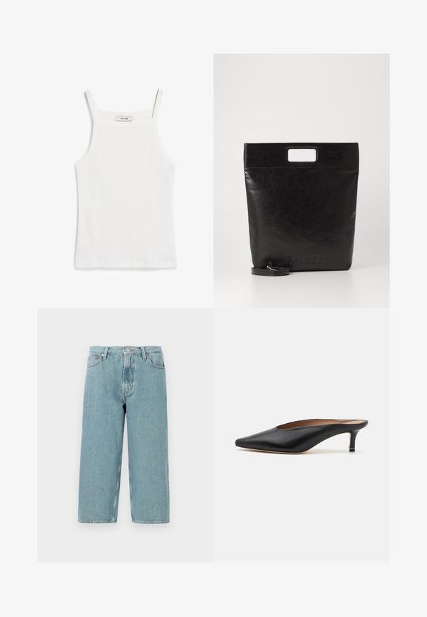 Top alb din bumbac cu bretele subțiri, realizat dintr-o țesătură răcoroasă cu nervuri, având un decolteu drept și un finisaj curat la tiv.; Shorts din denim de un albastru deschis, cu talie înaltă, croială dreaptă și margine brută. Include o închidere clasică cu buton și fermoar, și patru buzunare.; Mule-uri negre din piele cu vârf ascuțit și tocul mic, pătrat. Textură netedă cu un design elegant. Spate deschis cu detalii minime.; Geantă tote din piele neagră, cu un mâner pătrat, având un finisaj texturat și un logo embosat. Include o curea detasabilă.