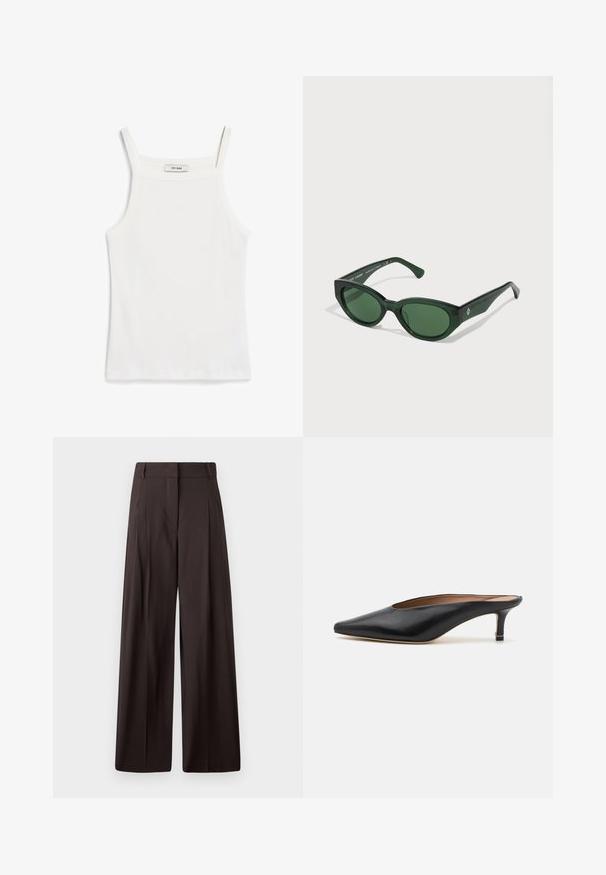 Witte tanktop met dunne banden, gemaakt van ribkatoenen stof, met een rechte halslijn en een nette afwerking aan de zoom.; Zwarte wijde broek met hoge taille, voorzien van voorplooien, een gladde textuur en een minimalistisch ontwerp.; Zwarte leren muiltjes met een puntige neus en een lage, blokhak. Glad oppervlak met een gestroomlijnd ontwerp. Open achterkant met minimale details.; Groene zonnebril met een glanzende afwerking, rechthoekige monturen en donker groene lenzen. Voorzien van een subtiel logo aan de zijkant van de poot.; Zwarte leren draagtas met een vierkant handvat, met een gestructureerde afwerking en een reliëflogo. Inclusief een afneembare schouderband.
