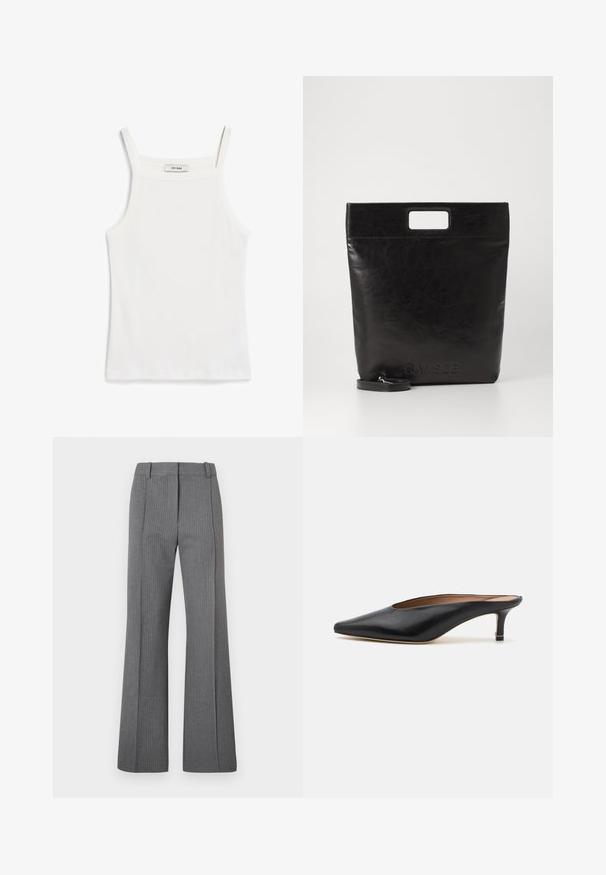 Witte tanktop met dunne banden, gemaakt van ribkatoenen stof, met een rechte halslijn en een nette afwerking aan de zoom.; Grijze pantalon met krijtstreep, met een platte voorkant, riemlussen en een soepele textuur. Volledige lengte met subtiele patroondetails.; Zwarte leren muiltjes met een puntige neus en een lage, blokhak. Glad oppervlak met een gestroomlijnd ontwerp. Open achterkant met minimale details.; Zwarte leren draagtas met een vierkant handvat, met een gestructureerde afwerking en een reliëflogo. Inclusief een afneembare schouderband.
