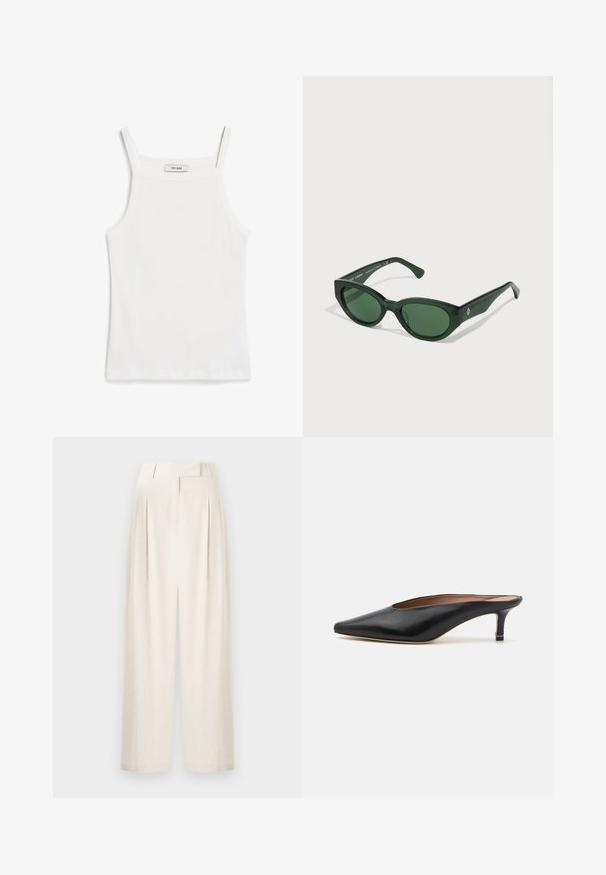 Λευκό κοντομάνικο μπλουζάκι με λεπτές τιράντες, κατασκευασμένο από ριγωτό βαμβακερό ύφασμα, με ευθεία λαιμόκοψη και καθαρό τελείωμα στο στρίφωμα.; Κρεμ καμπάνες φτιαγμένες από υφασμάτινο υλικό, με ψηλή μέση, πτυχώσεις και ίσια γραμμή.; Μαύρες δερμάτινες μπαλαρίνες με αιχμηρή μύτη και χαμηλό, τετράγωνο τακούνι. Λείος υφασμάτινος σχεδιασμός. Ανοιχτή πλάτη με μινιμαλιστική διακόσμηση.; Πράσινα γυαλιά ηλίου με γυαλιστερή φινίρισμα, ορθογώνιοι σκελετοί και σκούρο πράσινοι φακοί. Διαθέτει μια διακριτική λογότυπη στην πλευρά του βραχίονα.; Μαύρη δερμάτινη τσάντα ώμου με τετράγωνη λαβή, με υφή και ανάγλυφο λογότυπο. Περιλαμβάνει αποσπώμενο ιμάντα.