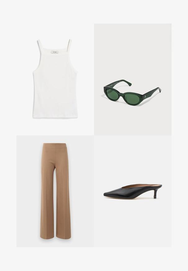 Witte tanktop met dunne banden, gemaakt van ribkatoenen stof, met een rechte halslijn en een nette afwerking aan de zoom.; Vallende broekspijpen in een lichtbruine, elastische stof met een gladde textuur en een hoge, elastische tailleband. Geen zichtbare sluiting of zakken.; Zwarte leren muiltjes met een puntige neus en een lage, blokhak. Glad oppervlak met een gestroomlijnd ontwerp. Open achterkant met minimale details.; Groene zonnebril met een glanzende afwerking, rechthoekige monturen en donker groene lenzen. Voorzien van een subtiel logo aan de zijkant van de poot.; Zwarte leren draagtas met een vierkant handvat, met een gestructureerde afwerking en een reliëflogo. Inclusief een afneembare schouderband.