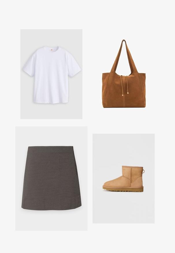 Biela bavlnená tričko s krátkymi rukávmi, okrúhlym výstrihom a voľným strihom. Materiál vyzerá hladko, bez viditeľných vzorov alebo grafiky.; Mini sukňa s rovnými strihom a malým čiernym a šedým károvaným vzorom, bez viditeľných ozdôb alebo vreciek.; Svetlohnedé semišové členkové topánky s okrúhlou špičkou, prešívaním, pútkom na zadnej strane a textúrovanou gumovou podrážkou. Navrhnuté pre pohodlie a teplo.; Hnedá semišová taška cez rameno s dvoma dlhými popruhmi, sťahovacou šnúrkou a minimalistickým dizajnom. Hladký povrch a žiadne viditeľné kovové doplnky.