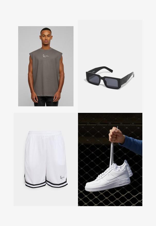 Siva brezrokavnik s krožnim ovratnikom, izdelan iz mehkega materiala, z belim podpisom logotipa na prsih. Preprost dizajn, sproščen kroj.; Bela športna krata iz lahkega materiala, z črnim črtastim robom in podpisanim logotipom na sprednji spodnji levi strani.; Bela usnjena športna obutev s perforacijami, okroglo konico, ravnim podplatom in debelimi vezalkami, z vidnim logotipom smoosh in napisom "AIR" na peti.; Črne pravokotne sončne očala z debelimi okvirji in temnimi lečami. Oblikovana z ostrimi robovi in subtilnim logotipom na ušesni opori.