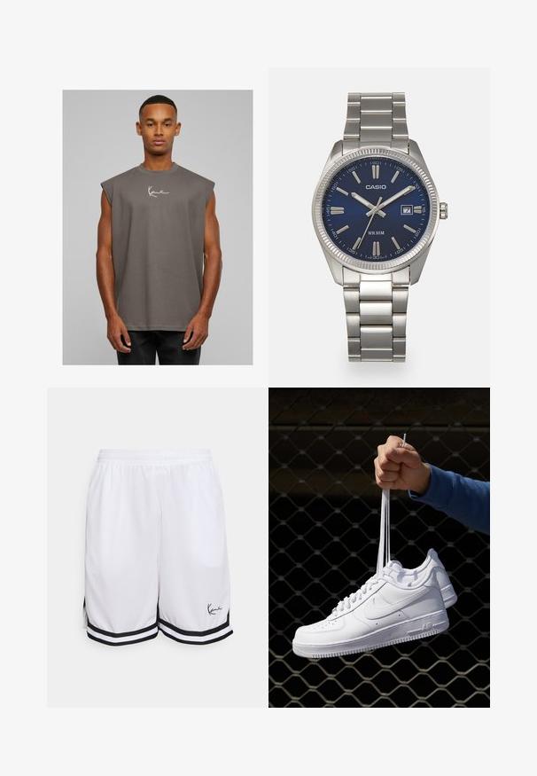 Siva bez rukava majica s okruglim izrezom, izrađena od mekog materijala, s bijelim potpisom logotipa na prsima. Jednostavan dizajn, opušteno pristajanje.; Bijele atletske šortse izrađene od lagane tkanine, s crnim prugastim rubom i prepoznatljivim logotipom na donjoj lijevoj strani.; Bijele kožne tenisice s perforacijama, okruglim vrhom, ravnim potplatom i debelim vezicama, s vidljivim swoosh logom i natpisom "AIR" na peti.; Srebrni sat od nehrđajućeg čelika s tamnoplavim brojčanikom, metalnim oznakama sati i prozorom za datum na 3 sata. Vodootporan do 50 metara.