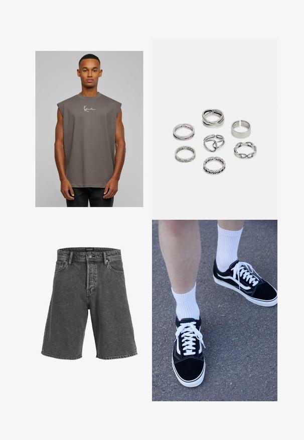 Tricou fără mâneci, gri, cu decolteu rotund, fabricat dintr-un material moale, având un logo alb cu semnătura pe piept. Design simplu, croi lejer.; Shorts din denim negru cu croi lejer, având închidere cu nasture, două buzunare frontale și un model subtil decolorat. Design clasic cu cinci buzunare.; Adidași negri din suede cu accente și șireturi albe, asortați cu șosete albe cu textură în dungi, așezați pe o suprafață gri texturată.; Set de șapte inele din argint cu diverse modele, inclusiv modele răsucite, legate și gravate. Forme și lățimi diferite.