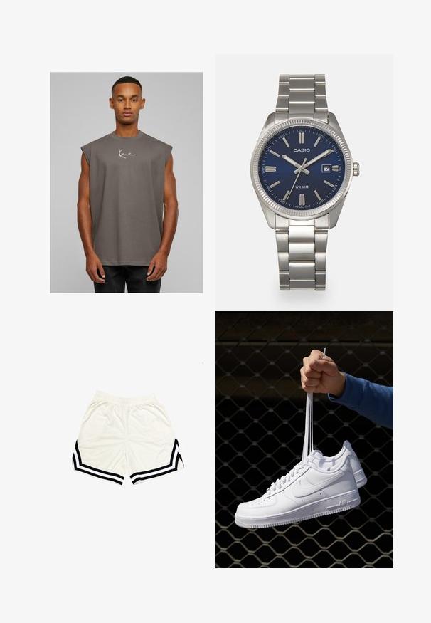 Szürke ujjatlan póló, kerek nyakkivágással, puha anyagból készült, a mellkason fehér aláírás logóval. Egyszerű dizájn, laza fazon.; Fehér sportnadrág könnyű anyagból, fekete oldalcsíkkal és kontrasztos chevron mintázattal az alján. Gumis derékpánt.; Fehér bőr sportcipők perforációval, kerek orral, lapos talppal és vastag fűzőkkel, látható swoosh logóval és "AIR" felirattal a sarokrészen.; Ezüst színű rozsdamentes acél karóránk sötétkék számlapja van, fém óraszámlálókkal és egy dátumablakkal a 3 órás pozícióban. 50 méterig vízálló.