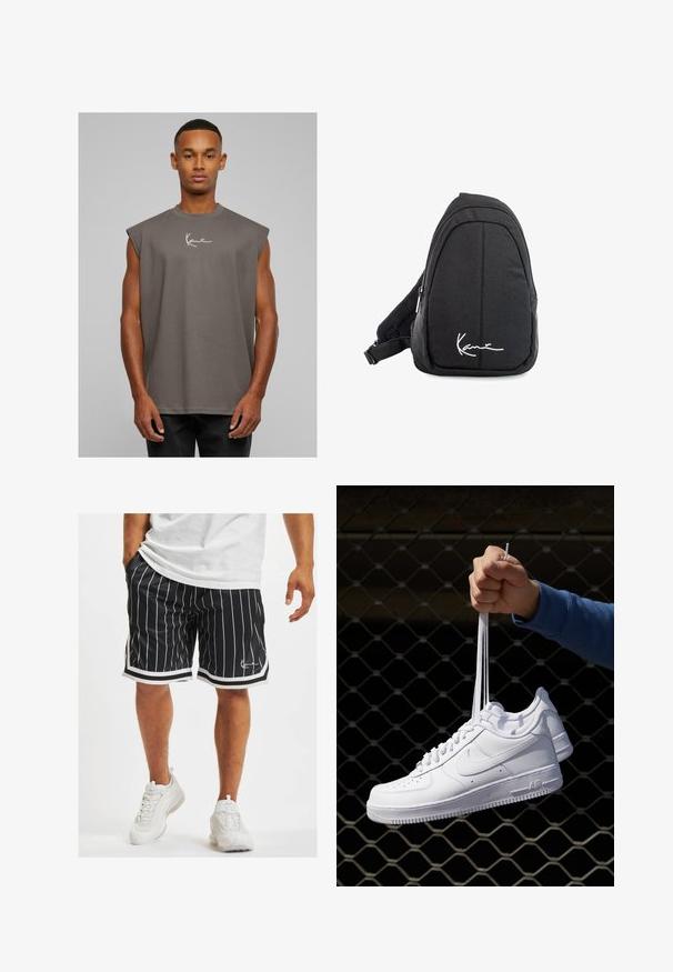 Pelēks bez piedurknēm t-krekls ar apaļu kakla izgriezumu, izgatavots no mīkstas auduma, ar baltu paraksta logo uz krūšu daļas. Vienkāršs dizains, brīvs piegriezums.; Melni sporta šorti ar baltām vertikālām svītrām, ar auklu jostā un kontrastējošu baltu apdari gar apakšmalu un sānu šuvēm.; Baltas ādas sporta apavi ar perforācijām, apaļu purngali, plakanu zoli un biezām šņorēm, ar redzamu swoosh logo un vārdu "AIR" uz papēža.; Melnas auduma siksnu mugursoma ar gludu tekstūru, ar izliekta dizaina, ar rāvējslēdzēju, un uz priekšu ir balts logo.