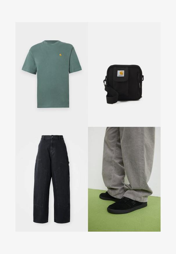 T-shirt de algodão verde com gola redonda e mangas curtas, apresentando um pequeno logótipo amarelo no lado esquerdo do peito. Textura suave, design casual.; Calças cargo largas de ganga preta com uma cintura alta, dois bolsos frontais grandes e um fecho de botão na cintura. Textura suave, design casual.; Ténis de skate em camurça preta com um acabamento texturizado e um logótipo, combinados com calças de sarja cinzentas com uma textura em nervuras. Superfície do chão verde.; Bolsa transversal preta com um compartimento principal com fecho éclair, bolso frontal, alça ajustável e um logotipo visível na aba.