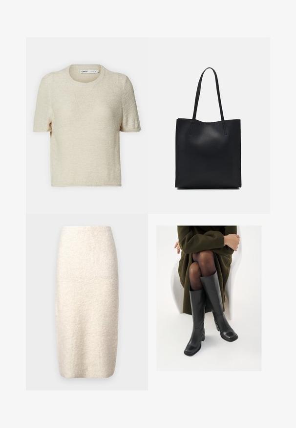 Beige, rövid ujjú, kötött pulóver kerek nyakkal, textúrált mintával és laza fazonnal. Könnyű anyagból készült.; Térd alá érő krém színű szoknya, amely textúrázott anyagból készült, illeszkedő szabású, sima derékkal és látható záródás nélkül.; Térdfelett érő fekete bőr csizmák négyzet alakú orral és tömbtalppal, olajzöld kabátban ülő modellel bemutatva. Simaság, minimalista részletezés.; Fekete bőrtáska sima felszínnel, téglalap alakú, két hosszú füllel. Nincs látható fémkiegészítő vagy díszítés.