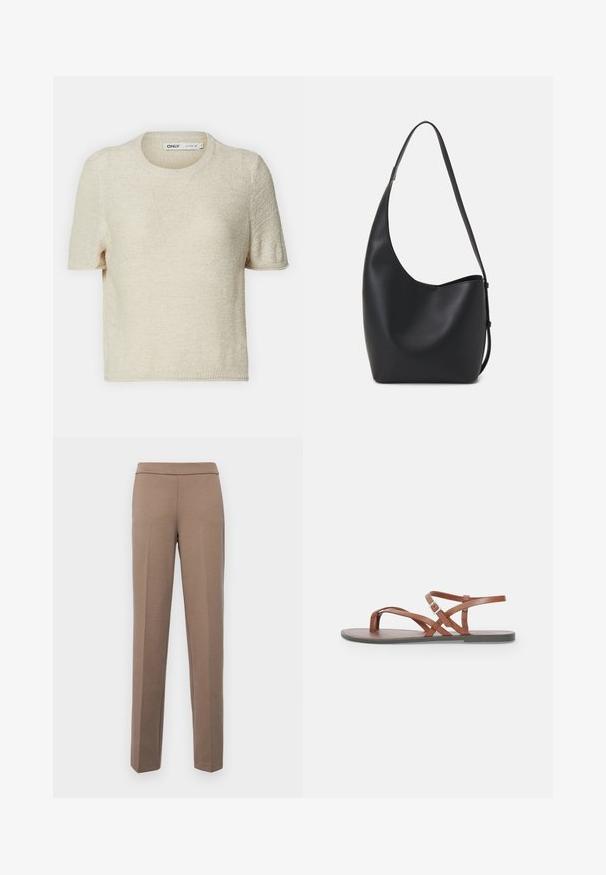 Sweater de malha em beige, de mangas curtas e com gola redonda, apresentando um padrão texturizado e um corte relaxado. Feito de um tecido leve.; Calças castanhas, ajustadas, com um tecido suave e elástico. Pernas retas e uma cintura lisa sem ferragens ou bolsos visíveis.; Sandálias planas de couro castanho com tiras entrelaçadas, design de bico aberto e uma fivela no tornozelo. Textura lisa e estilo minimalista.; Saco hobo preto em pele com uma textura lisa, forma curva e uma única alça ajustável; apresenta uma abertura larga na parte de cima.