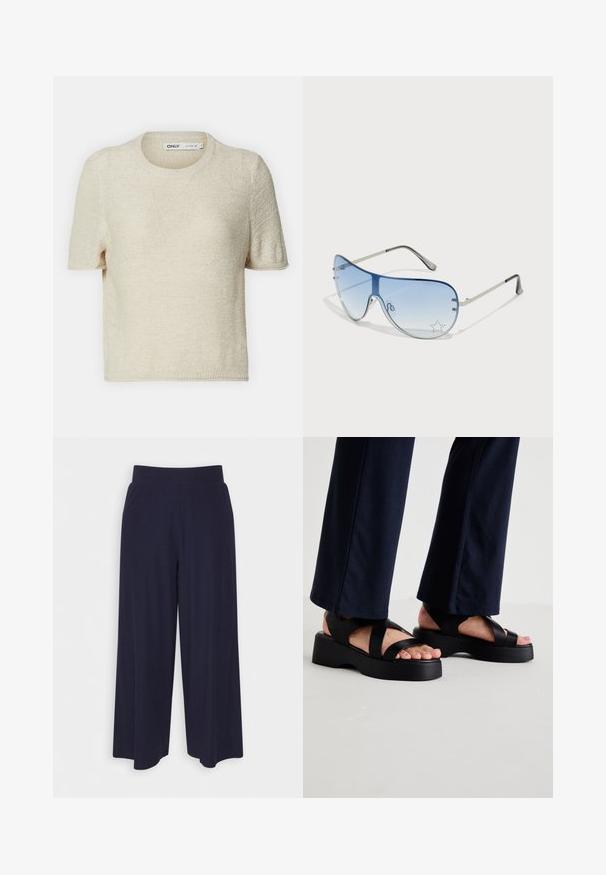 Vaaleanbeige lyhythihainen neulepusero, jossa on pyöreä kaula-aukko, näyttävä pintakuvio ja rento malli. Valmistettu kevyestä kankaasta.; Leve-leggings leve em tecido azul marinho escuro com textura ribbed. Apresenta uma cintura suave e uma silhueta fluida, alcançando o comprimento até a metade da panturrilha.; Mustat platfrom-sandaalit leveillä ristiin ryyhityillä hihnoilla ja paksulla pohjalla. Ylätpuoli on valmistettu sileästä materiaalista ja siinä on avonaisen varvasosan design.; Aviator-mallin aurinkolasit, jotka ovat varustettu gradienttisilla sinisillä linsseillä, hopeisella metallikehyksellä ja koristeellisilla tähtikoristeilla linsseissä. Joustava ja viehättävä muotoilu.