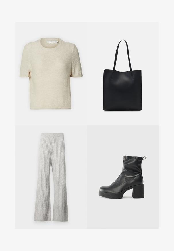 Beige kortärmad stickad tröja med rund halsringning, med ett texturerat mönster och en avslappnad passform. Tillverkad av lättviktigt tyg.; Grå ribbad stickad vidbent byxor med ett texturerat mönster och en elastisk midja, med en mjuk tygfinish.; Svarta ankelstövlar i slitstark läder, med sidodragkedja, kraftig strukturerad klack och rundad tådesign.; Svart lädertoffelväska med slät textur, rektangulär form och två långa handtag. Ingen synlig hårdvara eller dekorationer.