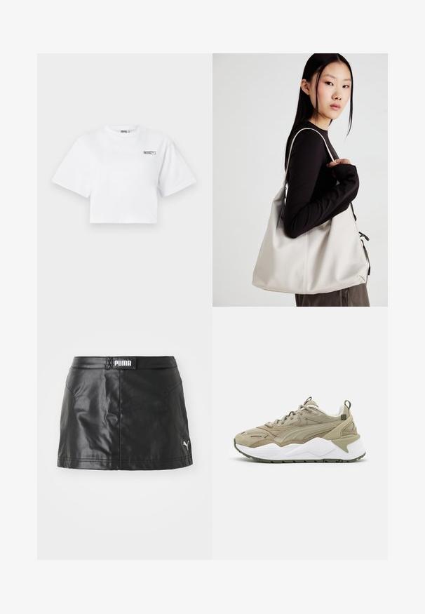 Camiseta corta blanca con mangas cortas y un pequeño logo de "HOSIE" y de Puma en la parte superior izquierda del pecho.; Falda de cuero sintético negro con una textura suave, que presenta un logo de PUMA en la cintura y un pequeño logo en el dobladillo.; Zapatillas caqui con parte superior de malla y ante, media suela blanca, acentos verdes y detalles texturizados. Presenta una lengüeta trasera con bucle para facilitar su uso.; Bolso de mano beige hecho de material suave, con un diseño holgado, detalles cosidos y dos asas. Adecuado para uso diario.