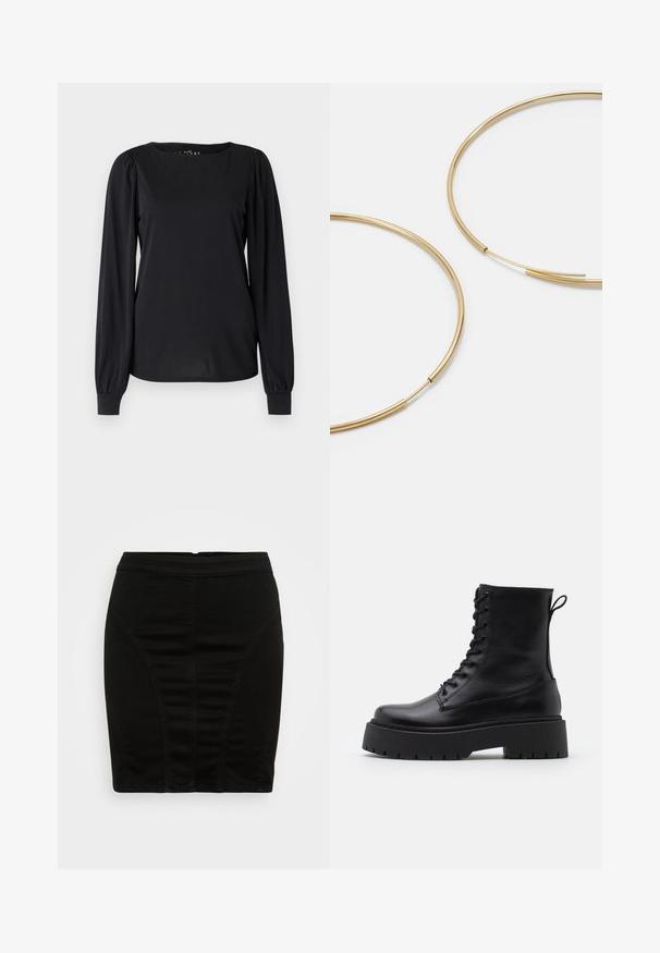 Čierny dlhý rukáv top vyrobený z hladkej látky, so zaobleným výstrihom a nariasenými detailmi na pleciach a manžetách.; Čierna džínsová ceruzková sukňa s priliehavým strihom, ktorá obsahuje vertikálne švy a stredne vysoký pás pre elegantný siluetu.; Čierne kožené členkové topánky s okrúhlou špičkou, šnurovaním vpredu a hrubou gumovou podrážkou s textúrovaným vzorom. Sťahovací pútko na zadnej strane.; Zlaté kruhové náušnice, tenké a okrúhleho tvaru, s hladkým kovovým povrchom a bez ozdôb alebo vzorov.