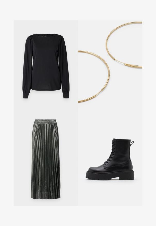 Črn dolg rokav vrh, izdelan iz gladkega blaga, z okroglim izrezom in nabrano obdelavo na ramenih in manšetah.; Metalna temno zelena plisirana krila z elastičnim pasom, ki ima vertikalne gube in gladko teksturo, dolga do sredine meče.; Črne usnjene gležnjarje z okroglo konico, vezalnim sprednjim delom in debelim gumijastim podplatom z teksturiranim profilom. Zanka na hrbtni strani.; Zlate obroče ušesne uhane, tanke in krožne oblike, z gladko kovinsko površino brez okrasnih elementov ali vzorcev.