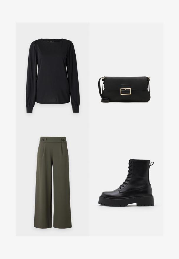 Zwarte lange mouwen top van gladde stof, met een ronde halslijn en geraffineerde details op de schouders en manchetten.; Brede olijfgroene broek van soepel materiaal; heeft twee zwarte knopen op de tailleband en voorplooien voor extra detail.; Zwarte leren enkelboots met een ronde neus, vetersluiting aan de voorkant en een dikke rubberen zool met een gestructureerd profiel. Trekbandje aan de achterkant.; Zwarte leren clutch met een klep en een gouden metalen sluiting. Inclusief een zwarte schouderband en een slank, minimalistisch ontwerp.; Gouden oorringen, dun en rond van vorm, met een gladde metallic afwerking en zonder versieringen of patronen.