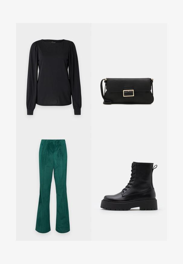 Čierny dlhý rukáv top vyrobený z hladkej látky, so zaobleným výstrihom a nariasenými detailmi na pleciach a manžetách.; Zelené kordové široké nohavice s elastickým pásom a vertikálnou ribbovanou textúrou. Ponúkajú priame strihovanie od pása po lem.; Čierne kožené členkové topánky s okrúhlou špičkou, šnurovaním vpredu a hrubou gumovou podrážkou s textúrovaným vzorom. Sťahovací pútko na zadnej strane.; Čierna kožená clutch taška s klopou a zlatým kovovým detailom s prackou. Obsahuje čierny remienok a elegantný, minimalistický dizajn.; Zlaté kruhové náušnice s hladkým, zaobleným dizajnom a lesklým povrchom. Ľahká konštrukcia s bezpečným zapínaním.