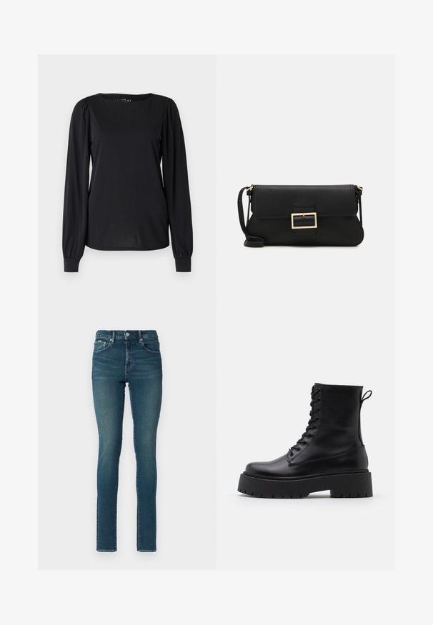 Crni dugi rukav majica od gladke tkanine, s okruglim izrezom i nabranim detaljima na ramenima i manžetama.; Uske mršavi traperice od tamnoplavog denima s visokim strukom, imaju pet džepova i prednje zatvaranje na dugme. Glatka tekstura i uski dizajn.; Crne kožne gležnjače s okruglim vrhom, vezanjem sprijeda i debelim gumenim potplatom s teksturiranim uzorkom. Tipa: traka za vuču na stražnjoj strani.; Crna kožna clutch torbica s preklopom i zlatnim metalnim detaljem kopče. Uključuje crnu trakicu i elegantan, minimalistički dizajn.; Zlatne kružne naušnice, tanke i okrugle, s glatkom metalnom površinom bez ukrasa ili uzoraka.