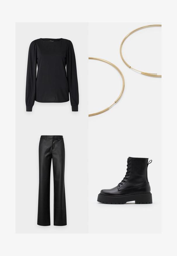 Crni dugi rukav majica od gladke tkanine, s okruglim izrezom i nabranim detaljima na ramenima i manžetama.; Crne kožne hlače s lepršavim krojem i glatkom teksturom, s prednim patent-zatvaračem, petljama za remen i neurednim rubom.; Crne kožne gležnjače s okruglim vrhom, vezanjem sprijeda i debelim gumenim potplatom s teksturiranim uzorkom. Tipa: traka za vuču na stražnjoj strani.; Zlatne kružne naušnice, tanke i okrugle, s glatkom metalnom površinom bez ukrasa ili uzoraka.