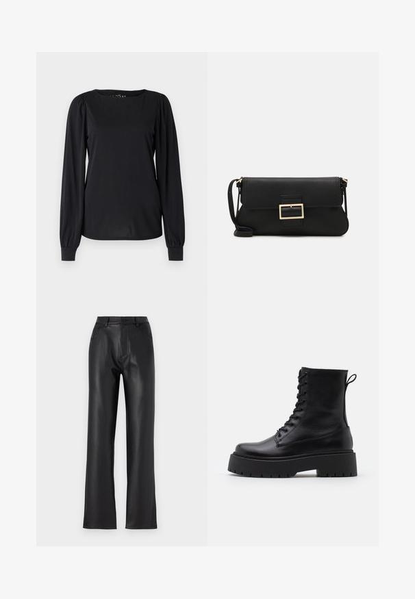 Black long-sleeve top made of smooth fabric, featuring a round neckline and gathered details at the shoulders and cuffs.; Black faux leather pants with a straight leg design, featuring front pockets, a zip fly, and a button closure. Smooth texture.; Black leather ankle boots with a round toe, lace-up front, and a thick rubber sole featuring a textured tread. Pull tab at the back.; Black leather clutch bag with a flap and a gold metal buckle detail. Includes a black strap and a sleek, minimalist design.; Gold-colored hoop earrings, thin and round in shape, with a smooth metallic finish and no embellishments or patterns.